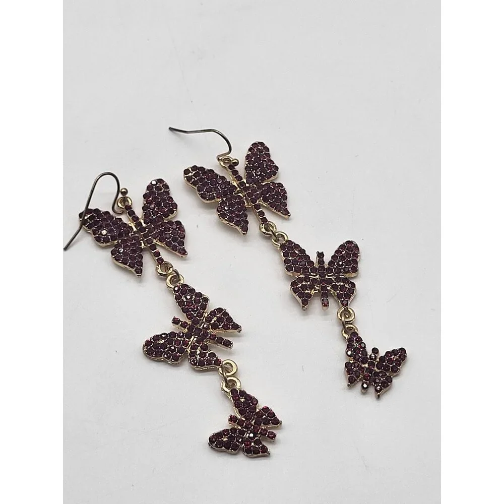 Butterfly Dangle Drop Cascade Earrings Red Rhinestone Gold Tone Whimsy Fairy